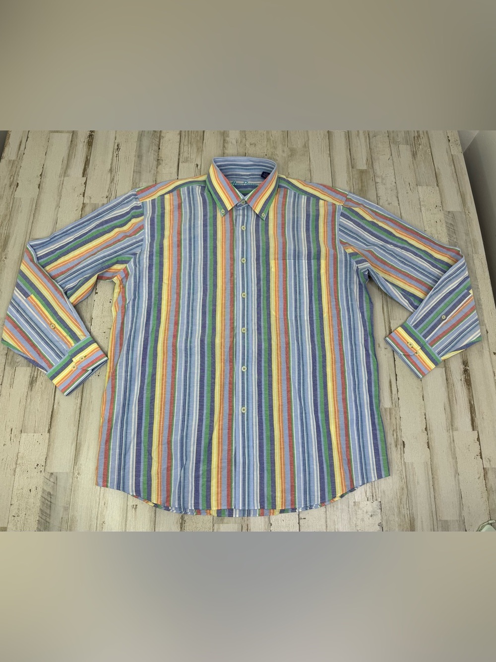Alan Flusser Stripe Button Front Shirt Men L Long Sleeve Colorful Cotton Linen